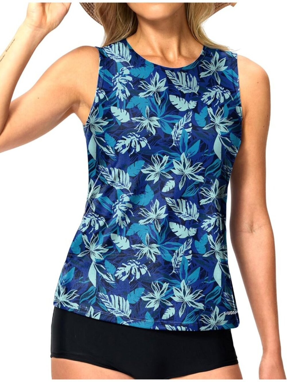 Women Blue Leaf High Neck Tanking Tops Modest Swim Shirts with Bra Bathing Suit